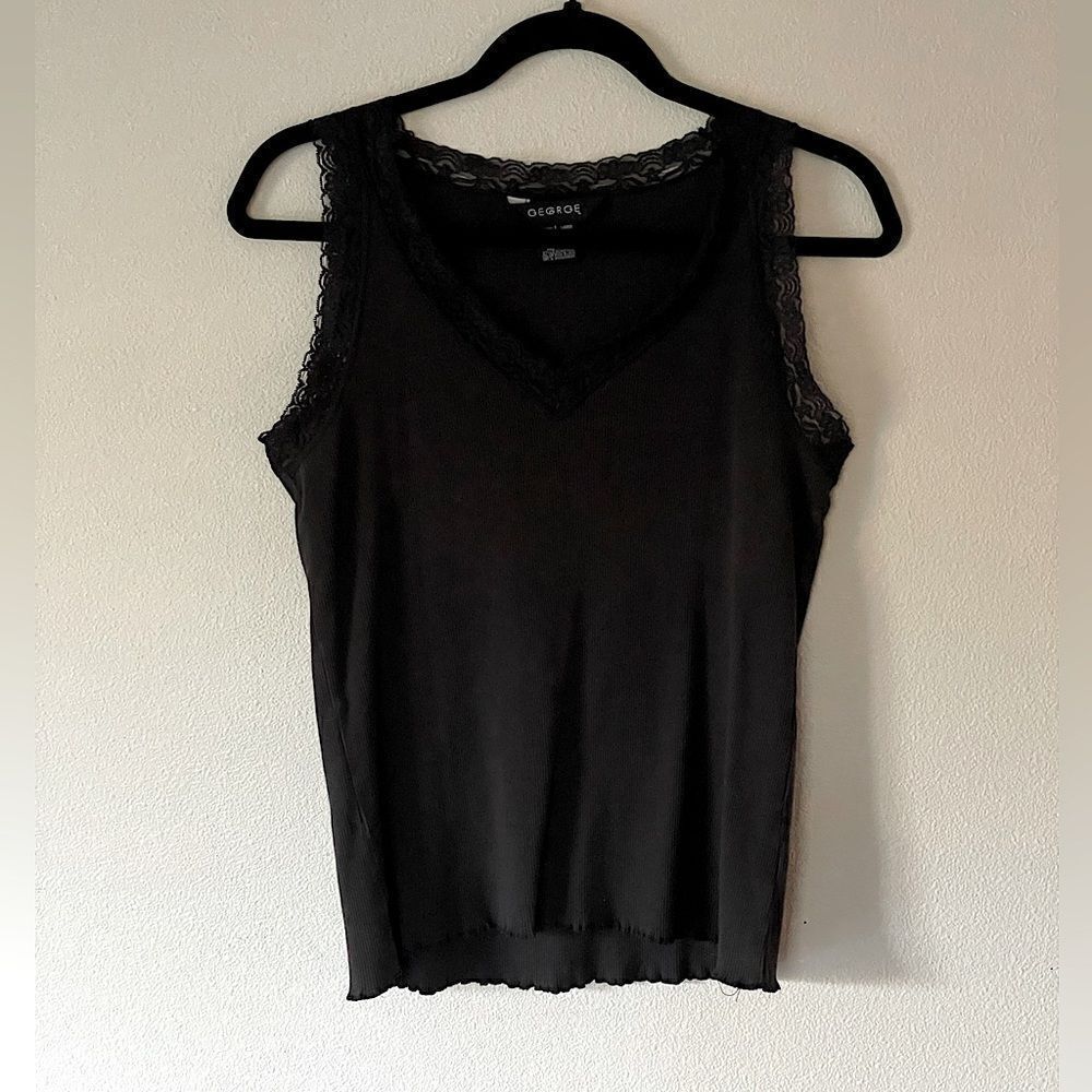 Women’s, George, Black Cotton, Ribbed, Lace-Detail, Tank. Size Large.